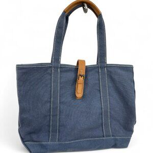 L.L. Bean Blue Cotton Canvas Leather Tote Bag Women's Multiple Pockets